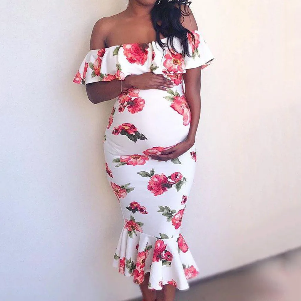 

Floral Ruffle Shoulderless pregnancy dress maternity dresses for photo shoot Mother Pregnancy pregnant vestidos maternity gown