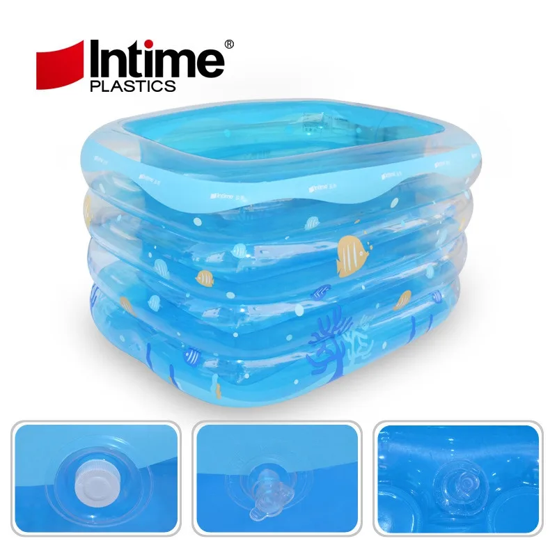 Надувной бассейн прозрачный прямоугольник надувной детский плавательный складной портативный ванна 143x105x75 см синий белый с принтом рыбы