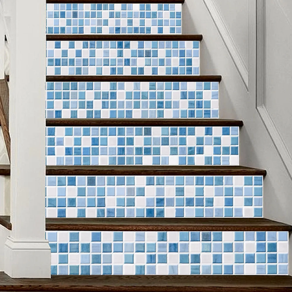 6 unids/set 18 cm x 100 cm azul y blanco mosaico retro escaleras decoración 3D arte pegatinas de pared decoración para el hogar mural lt026
