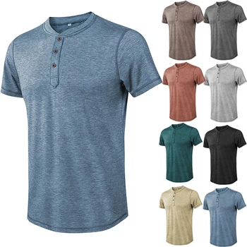 

Short-sleeved Men's T-shirt Summer Solid Stylish Henry Collar T-shirt Fashion Slim Basic T-shirt For Men Casual Tops Tee Shirt