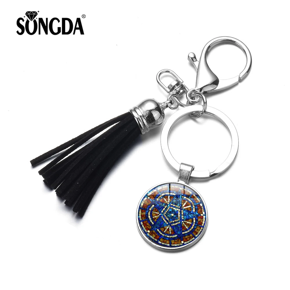

SONGDA Vintage Star of David Keychain Hexagonal Star of Judaism Glass Photos High-grade Pendant Alloy Blessing Amulet Key Rings