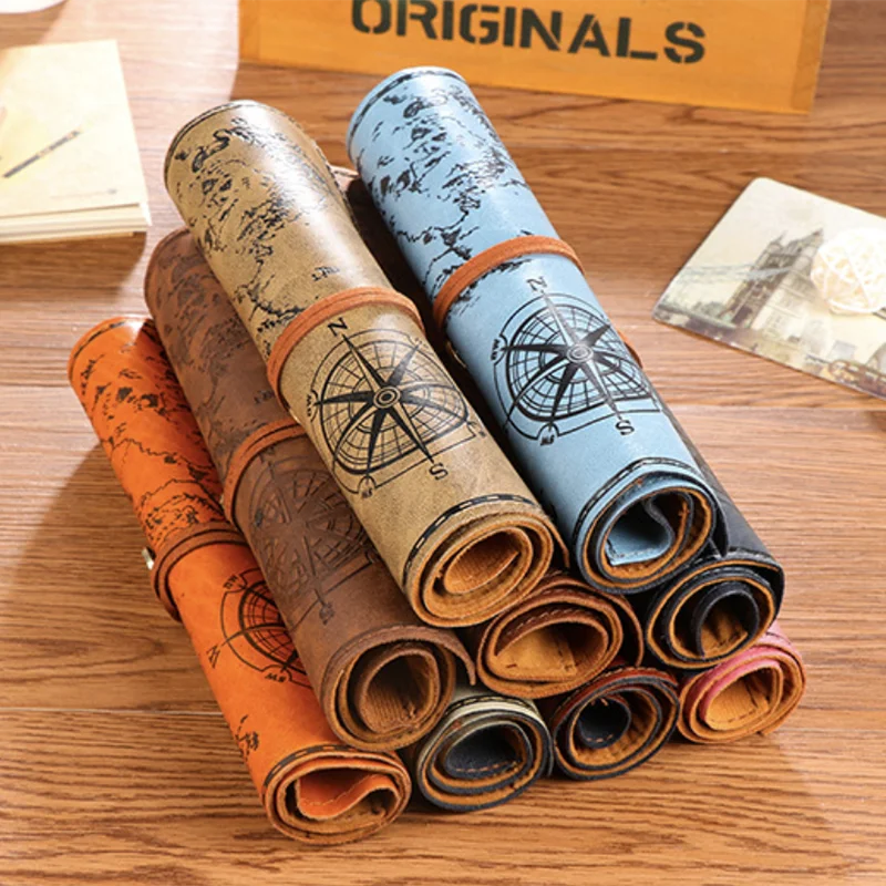 

Vintage Pirate Roll Imitation Leather Pencil Case Treasure Map Pen Pencil Bag Gift Creative Stationery Office School Supplies