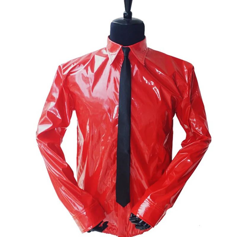 MJ In Memory of Michael Jackson Red Thin Shirt PU Leather Dangerous Jam Magic Tape VEL-CRO Shirt Tie For Dancer Quikly Change