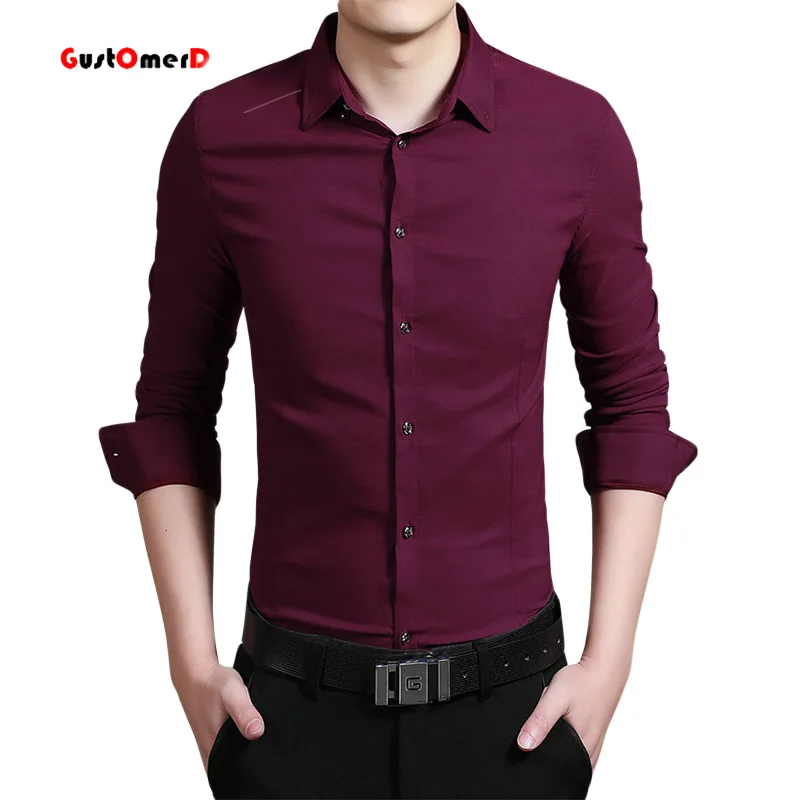 2016 Elasticity Cotton Men Shirt High Quality Mens Dress Shirts Slim Fit Mens Long Sleeve Shirt Solid Color Social Shirt Men