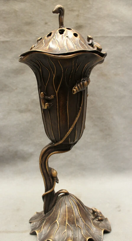 

S4697 12" Folk Chinese Pure Bronze Lotus Frog Statue Box Incense Burner Censer Holder D0318