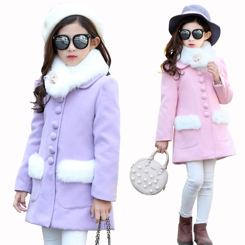 

New Winter Girls Princess Fur Collar Coat Baby Girl Cardigan Jacket Children Woolen Thicking Warm Outwear for Cold Winter