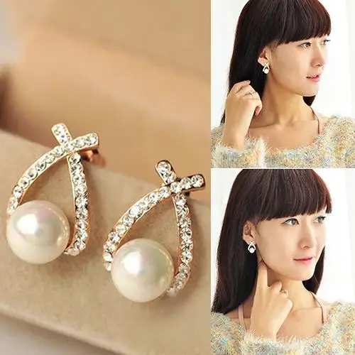 

Women's Faux Pearl Ear Studs Earrings Cross Rhinestone Wedding Jewelry Gift new
