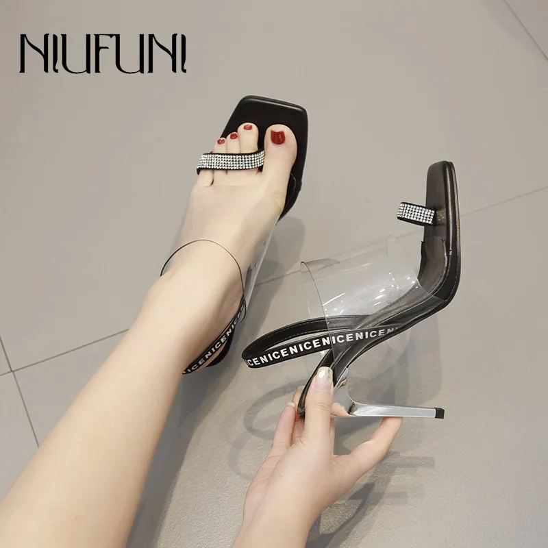 

Summer New Arrivals Square Head High Heel Transparent Plastic Rhinestone Sandals Stitching Letters Solid Color Women's Shoes