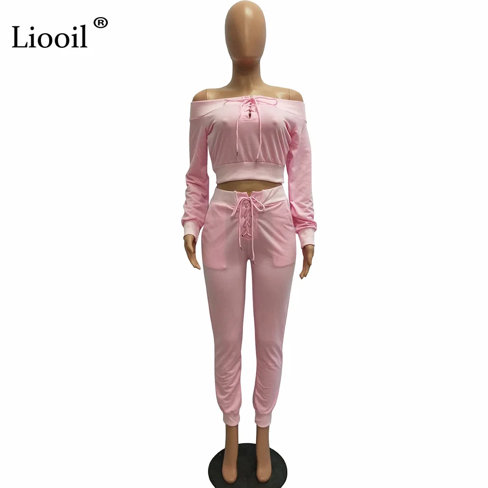 Liooil Off Shoulder 2pcs Active Set Women Outfits Sweatshirt Long Sleeve Crop Top And Pants Lace-Up Track Suits Woman Sets