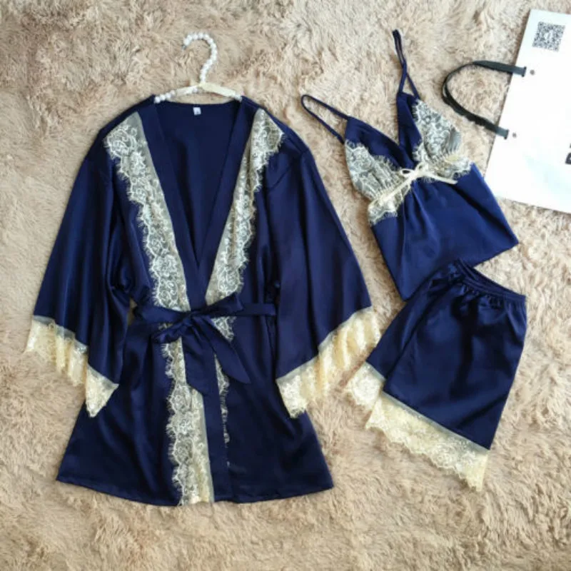 3 шт., модное женское кружевное Ночное платье, шелковая атласная пижама, одежда для сна, ночная рубашка, кружевное лоскутное платье, комплект одежды