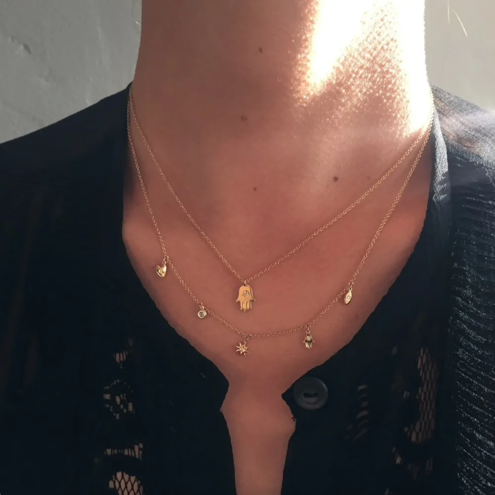 

AAA Sparking CZ hand heart sun Charm Link Chain Thin sun Necklace Sterling Silver 925 Women Chocker Necklaces wedding Jewelry