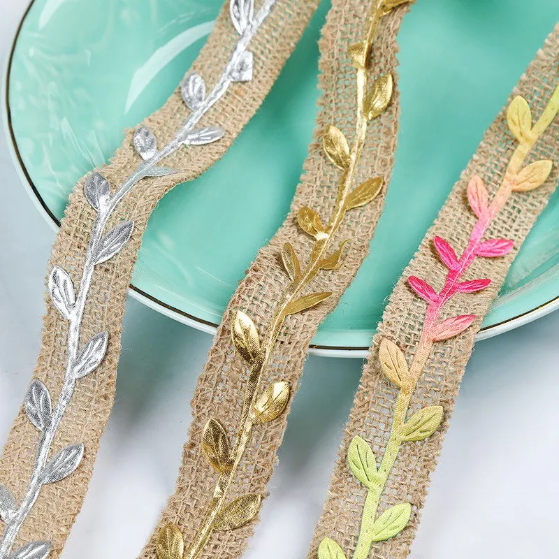 

2 Pcs 2M Rattan leaf Retro Natural Burlap Ribbon Lace Tape Trim Rustic Jute Garland Hessian Roll Wedding Party Decoration Craft