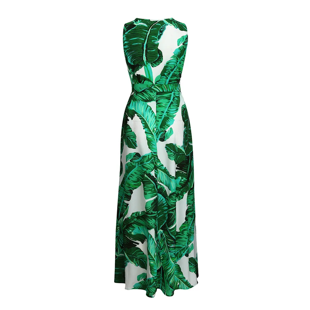Женское длинное платье большого размера с v-образным вырезом без рукавов с принтом зеленых листьев, повседневные платья с бантом и высокой талией, летнее пляжное платье# T20
