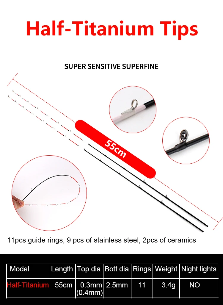 2pcs 55cm Tip for Boat/Raft Rod Full/Half Titanium alloy fishing rod Glass fiber tips Micro lead raft rod accessories FUJI rings