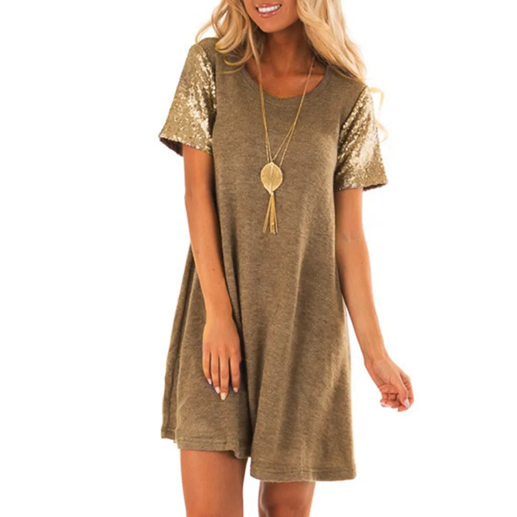 

Fashion Women dress ladies O-Neck Sequins Splicing Sexy dress 2019 Summer Style robe vestidos ukraine Short Sleeve Easy Dress