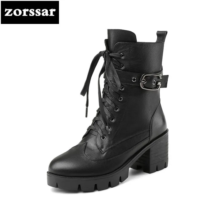 

{Zorssar} High Heels Ankle Boots Short Plush Inside Soft Leather Black Buckle Platform Shoes Square Heel Women Motorcycle Boots