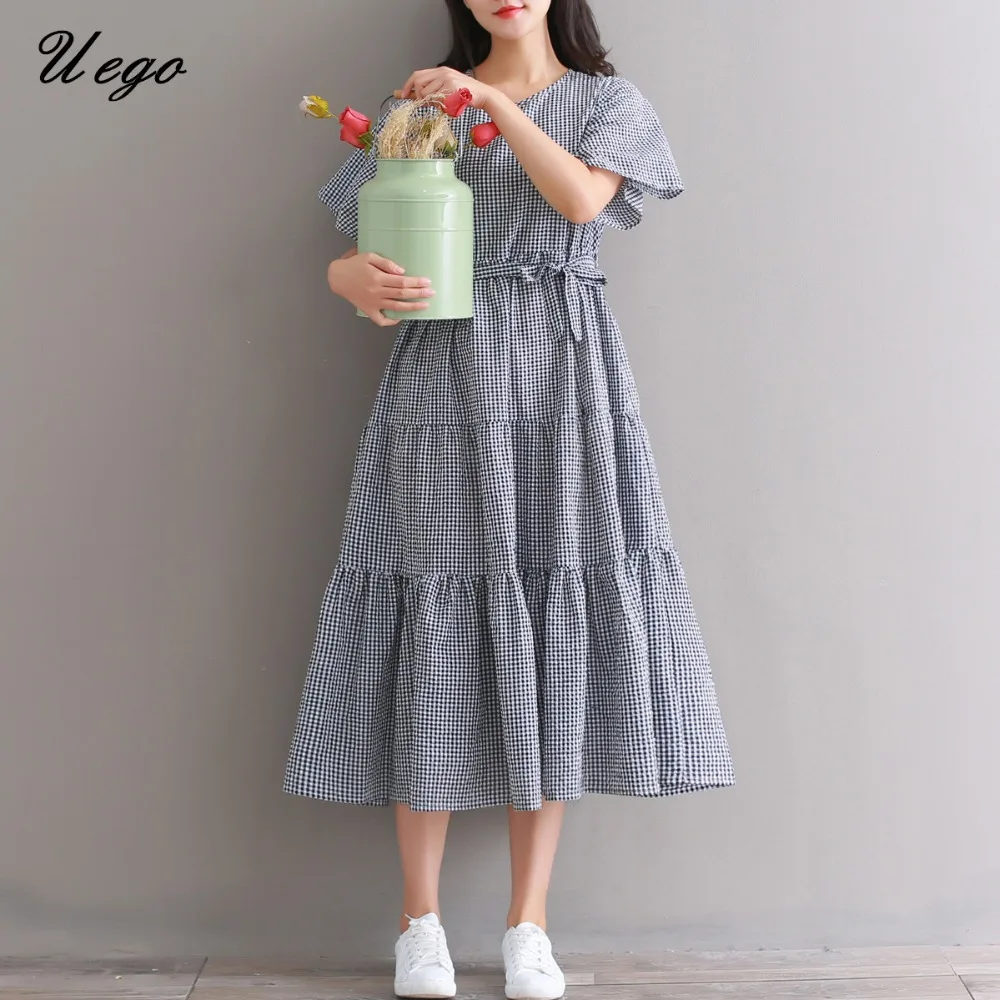 

Uego 2019 New Arrival Fashion Preppy Style Summer Dress Cotton Linen Plaid Loose Women Casual Midi Dress Plus Size Vintage Dress