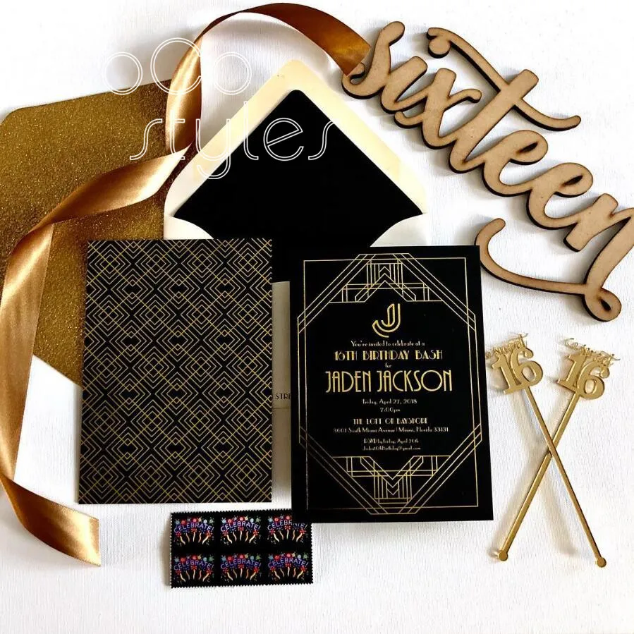  Cocostyles customized high end gold foil black golden design invitation card with matching envelope - 32889956438