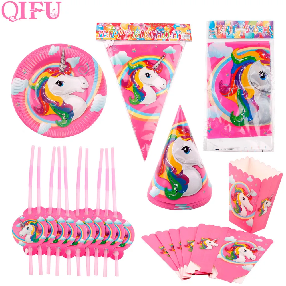 

QIFU Unicorn Party Decoration Pink Paper Banner Popcorn Box Tableware Unicorn Birthday Party Decoraitons Kids Baby Shower Favors