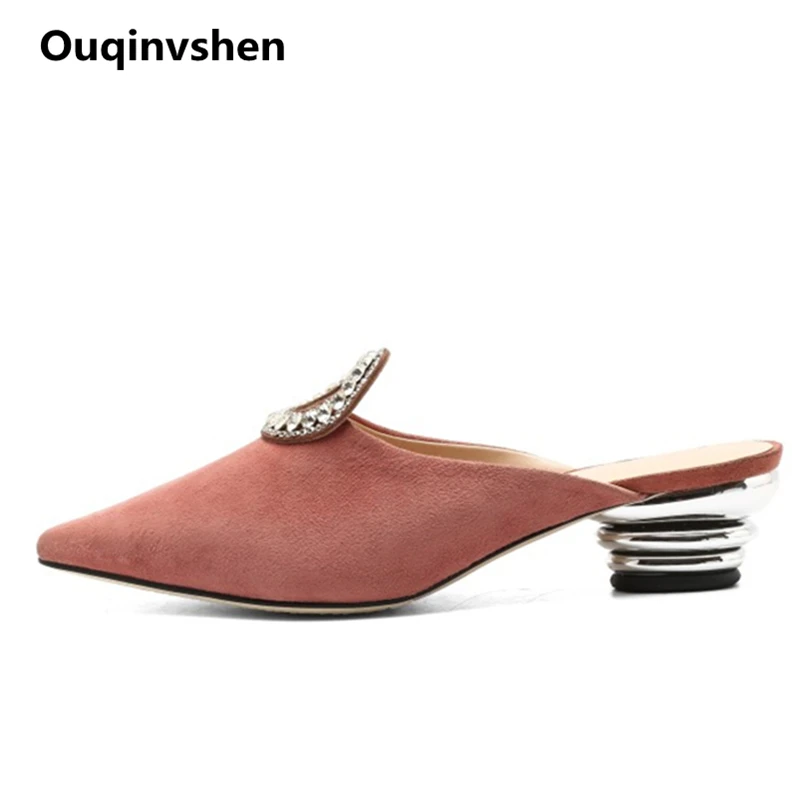

Ouqinvshen Fashion Pink Mules Shoes Women Big Size 33-42 Pointed Toe Strange Style Summer Heels Round Crystal Ladies Slippers