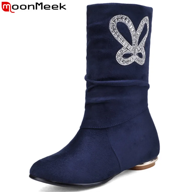 

MoonMeek big size 34-43 fashion ankle boots women flock autumn winter boots low heels round toe crystal casual boots women
