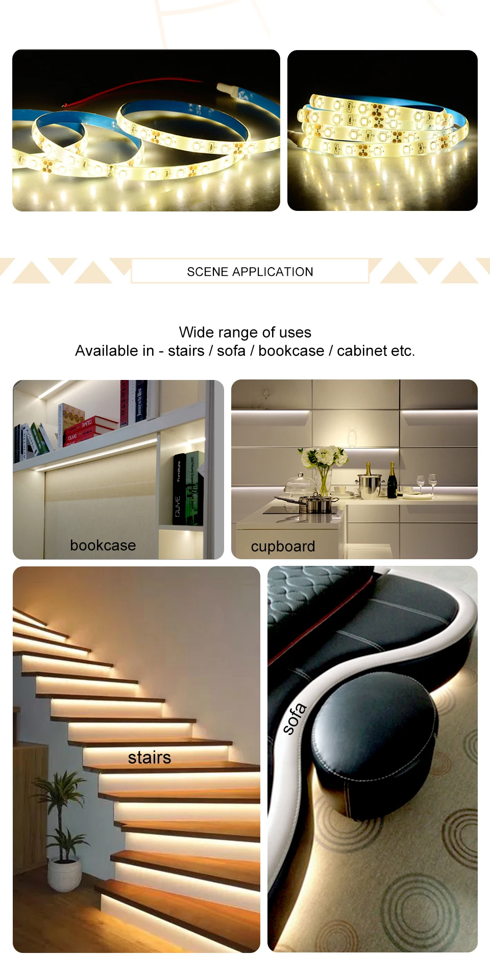 LED Motion Sensor Cupboard Wardrobe Bed Lamp Under Cabinet Night Light Flexible LED Strip 12V Tape 110V 220V US EU Power Supply_07