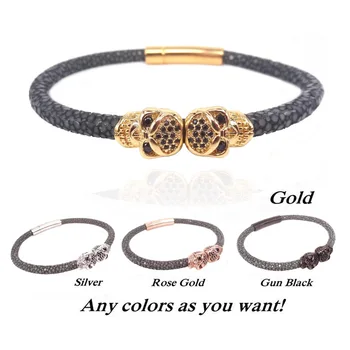 

2019 New Grey Stingray Bracelet With Twin Skull Beads Charm Stainless Steel Bracelets Fit For Men Women Luxury Watch Accessories