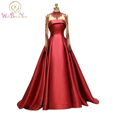 Настоящее бургундское платье для выпускного вечера с длинным рукавом, расшитое бисером, с высоким воротником, атласное ТРАПЕЦИЕВИДНОЕ Abiye Gece Elbisesi элегантное вечернее платье