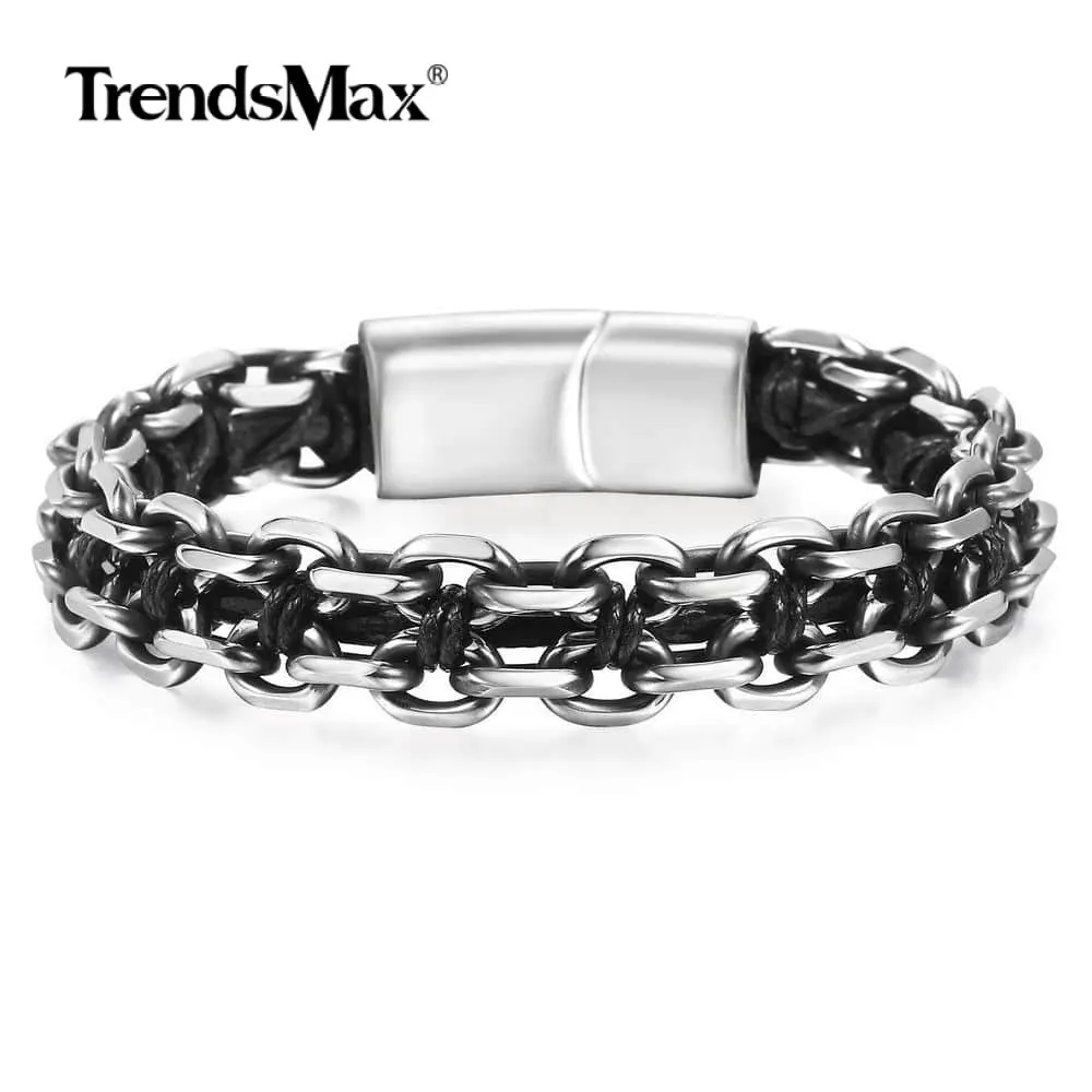 New Design Mens Double Layer Braided Leather Bracelet Cable Link Chains Stainless Steel Bangles Fashion Gifts DLB158