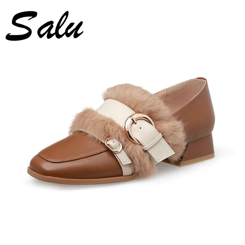 

Salu 2019 new autumn new women Genuine Leather Shoes Women High Heels Ladies Pumps plus Size Buckle Lady Shoes