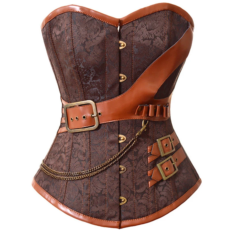 Brown Steampunk Corset With Chain Buckles Retro Fancy Party Outfits Pirate Girls Top Corsets Lacing-up Basque Bustiers S-6XL (3)