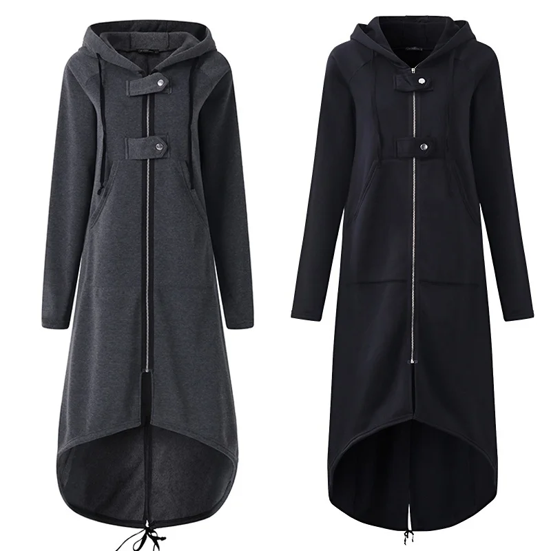 LOSSKY Fashion Long Sleeve Hooded Trench Coat 2018 Autumn Black Zipper Plus Size 5XL Velvet Long Coat Women Overcoat Clothes
