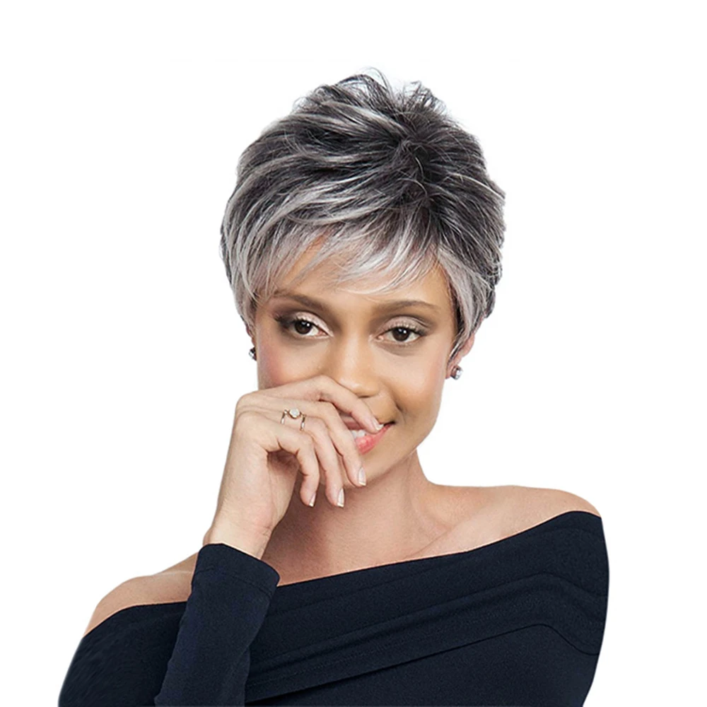 

Straight Short Hair Wig Synthetic Fibre Heat Resistant Black with Grey Women Wig DIY Halloween Masquerade Cosplay Costume
