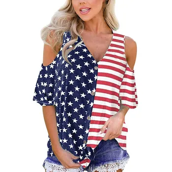 

Fashion Summer Women's Blouse Shoulder Button Down O-neck Blouses Stripes Star 2019 Womens Tops And Blouses Blusa J#