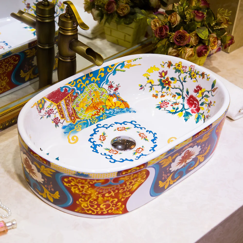 

Chinese Jingdezhen ceramic oval bathroom coun tertop washbasin washbasin LO6221149