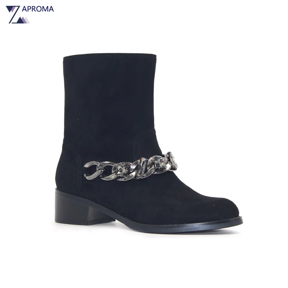 

Suede Crystal Square Heel Women Boots Black Handmade Chain Ankle Boot Spring Autumn Med Heel Fleece Shoes 2018 Punk Riding Boots