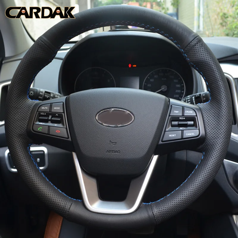 CARDAK автомобильные аксессуары черная искусственная кожа рулевого колеса автомобиля крышка для hyundai Creta - Название цвета: Blue thread