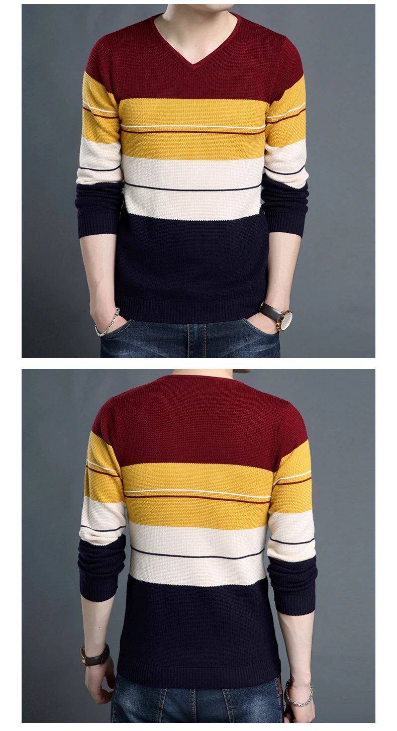 Новинка 2019 года осень модный бренд свитер для мужчин s пуловер V образным вырезом Slim Fit вязаные Джемперы полосатый корейский стиль повсе