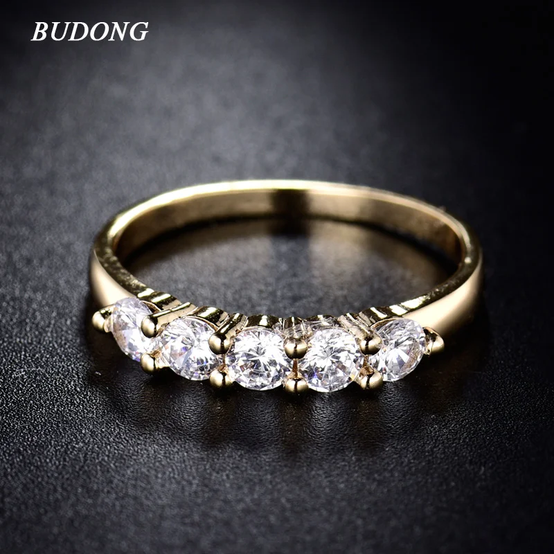 

BUDONG Fashion Round Finger Ring for Women Gold Color Rings White Crystal Zirconia Mid Finger Wedding Engagement Jewelry XUR183