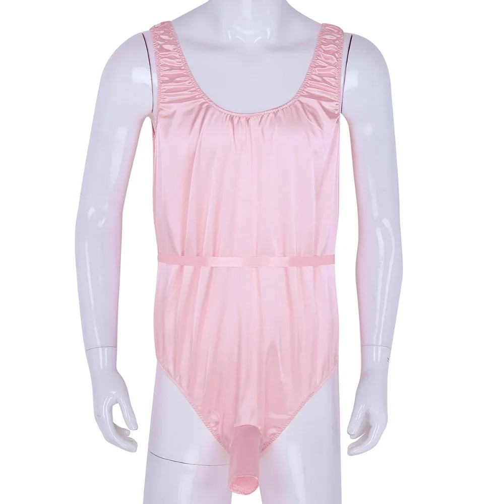 YiZYiF Men Sissy Jockstraps Bodysuit One-Piece Satin Crossdress Bodysuit Lingerie Sleeveless Open Sheath Nightwear Sleepwear