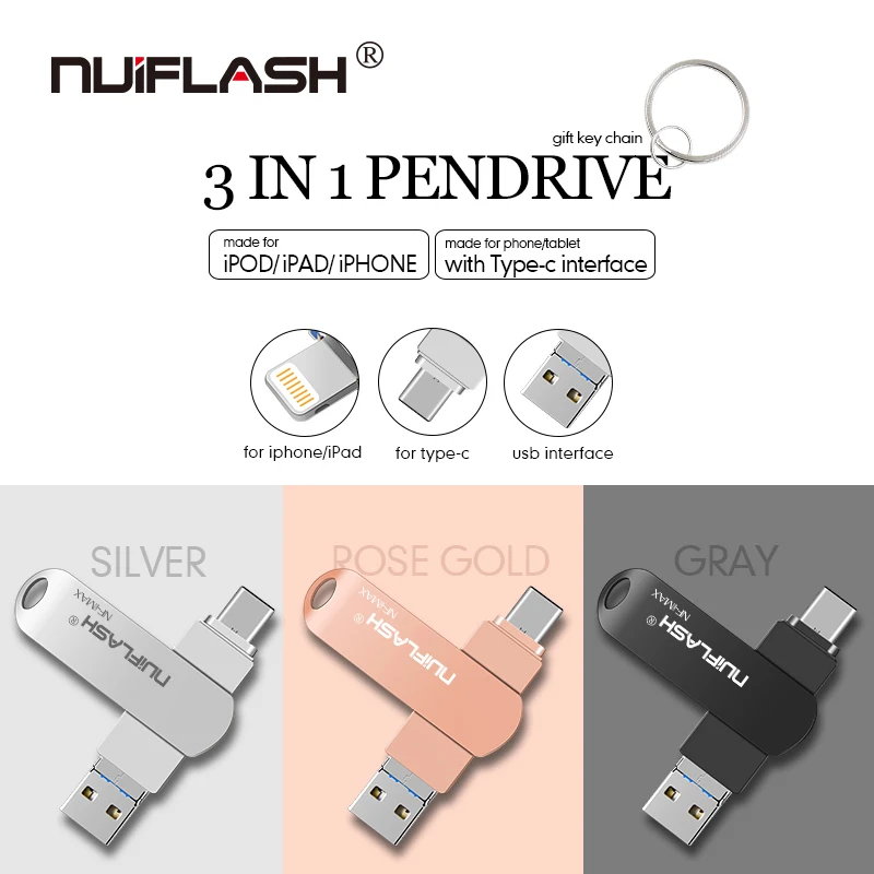 

Nuiflash Metal USB Flash Drive 128gb TYPEC Pen Drive 32gb 64gb Usb 2.0 Flash Disk for iPhone X/8 Plus/8/7 Plus USB Memory Stick