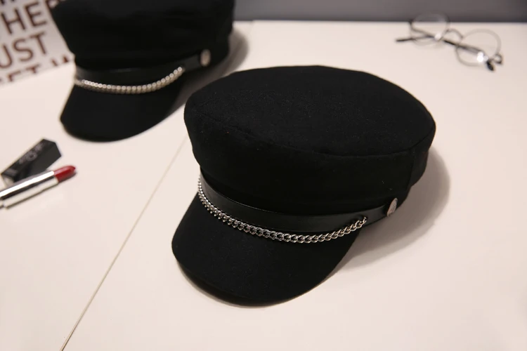Осенне-зимние шерстяные военные береты с цепочкой для женщин, женская армейская Кепка на плоской подошве, черная шапка для девушек, женские дорожные береты, шапка для художников