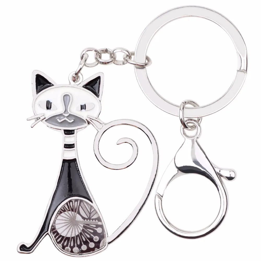 Bonsny эмалью металла кошка котенок брелки кольца украшения со стразами в виде животных для Для женщин девочек Подарки подвески-сумочки автомобильный держатель