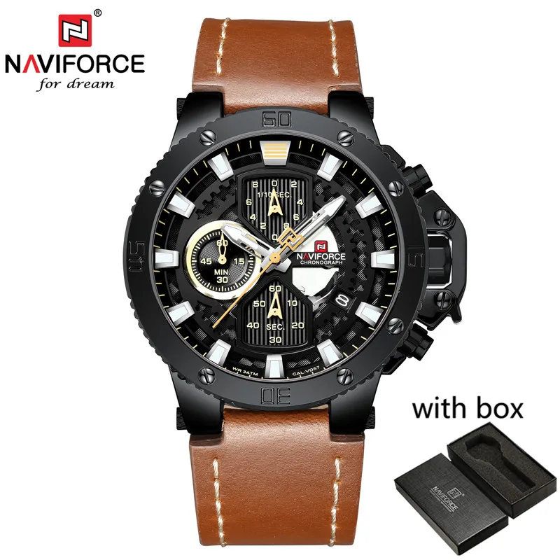 Мужские часы NAVIFORCE от ведущего бренда, роскошные спортивные часы с хронографом, военные армейские наручные часы, кожаные кварцевые мужские часы 9159 - Цвет: NA915904 with box