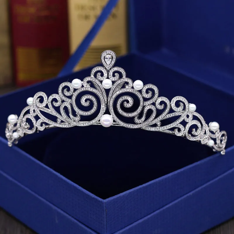 

SLBRIDAL Pave Setting Copper Alloy Cubic Zirconia Pearl Wedding Tiara CZ Bridal Queen Princess Pageant Party Crown Women Jewelry
