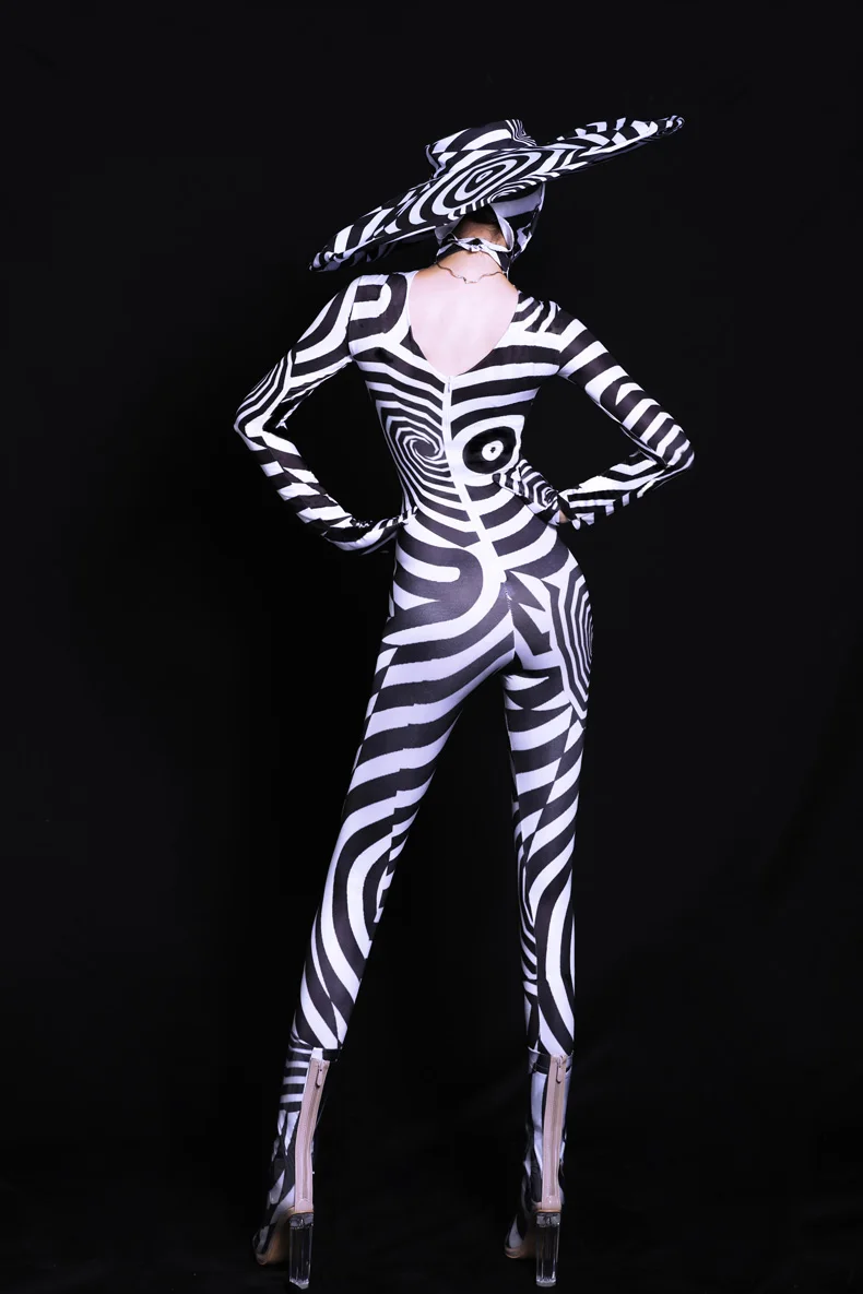 Черно-белые костюмы зебры, Женский певец, ночной клуб, Маскарадные костюмы, сексуальная стальная трубка, акробатическая одежда, джазовый танцевальный костюм DL3492