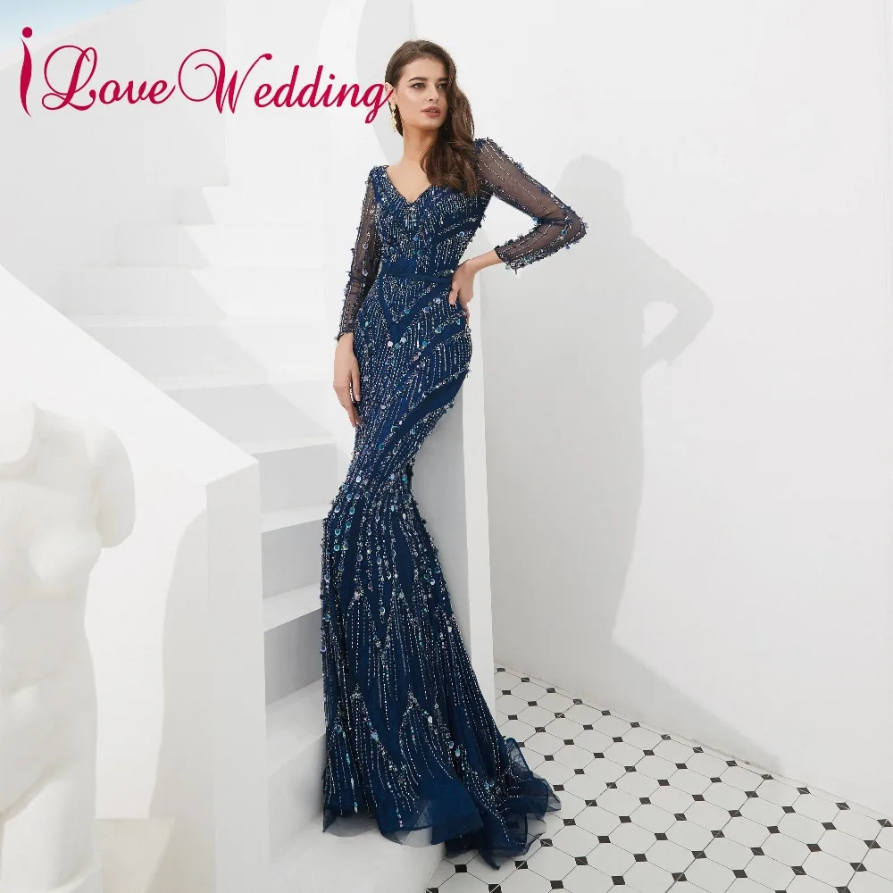 ILoveWedding сексуальный v образный вырез роскошный синий с отделкой бисером на заказ
