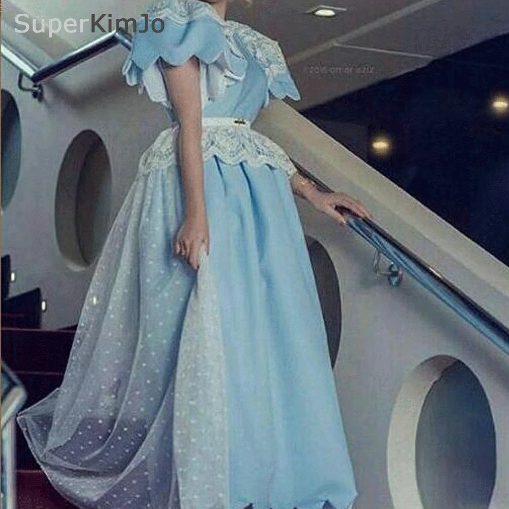 

Blue Evening Dresses Crew Neckline Short Sleeve Lace Ball Gown Evening Gowns Arabic