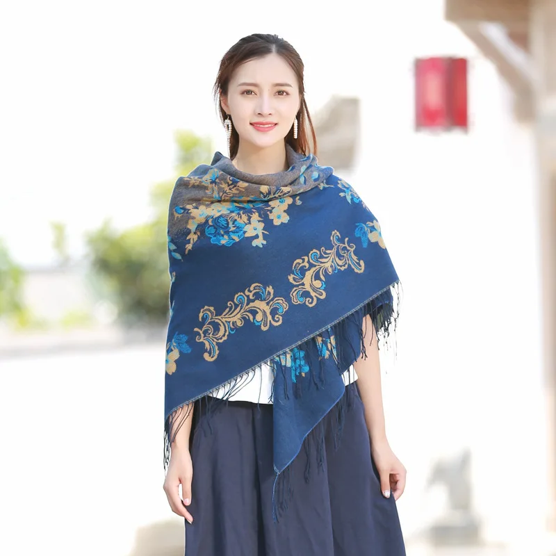 

New Arrival Winter Pashmina Scarf Folk-custom For Women Big Square Scarves Warm Shawls Jacquard tassel Scarf Wholesale