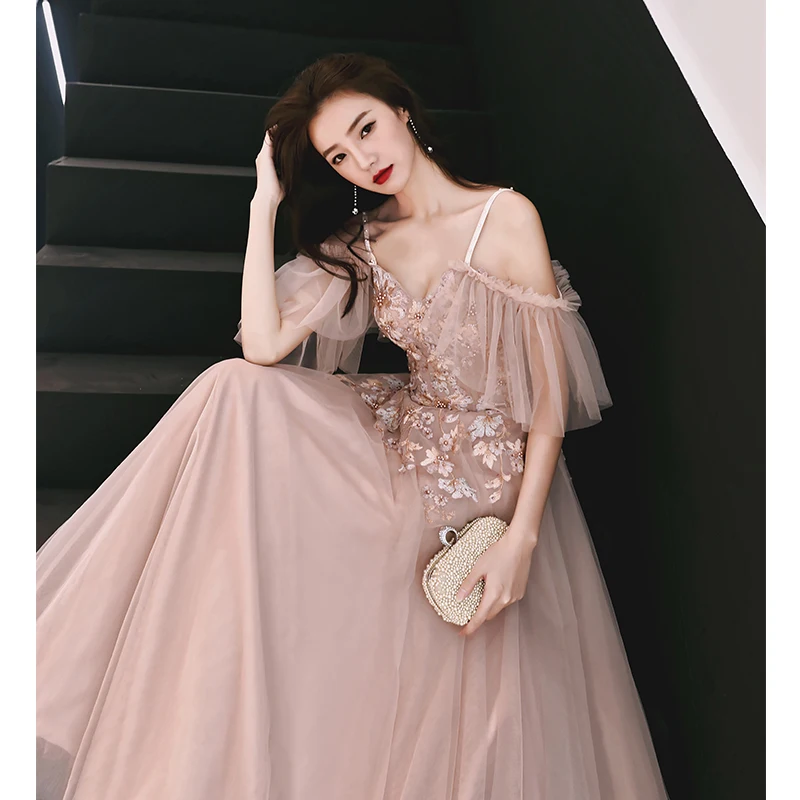 Элегантные розовые вечерние платья с v-образным вырезом, короткими рукавами, длиной до пола, с цветочной кружевной аппликацией, вечерние платья для выпускного вечера, Robe De Soiree